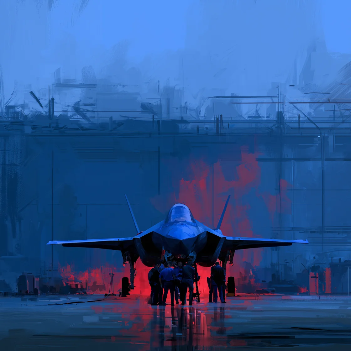 A painting of a fighter aircraft and its maintenance crew in a hangar.