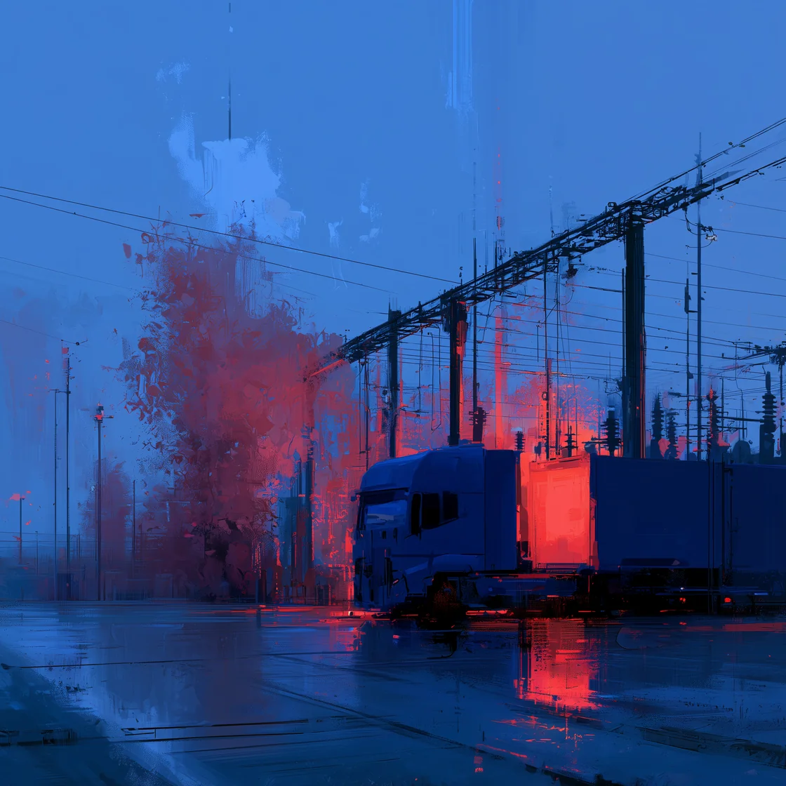 A painting of an electrical substation and a truck beneath transmission lines.