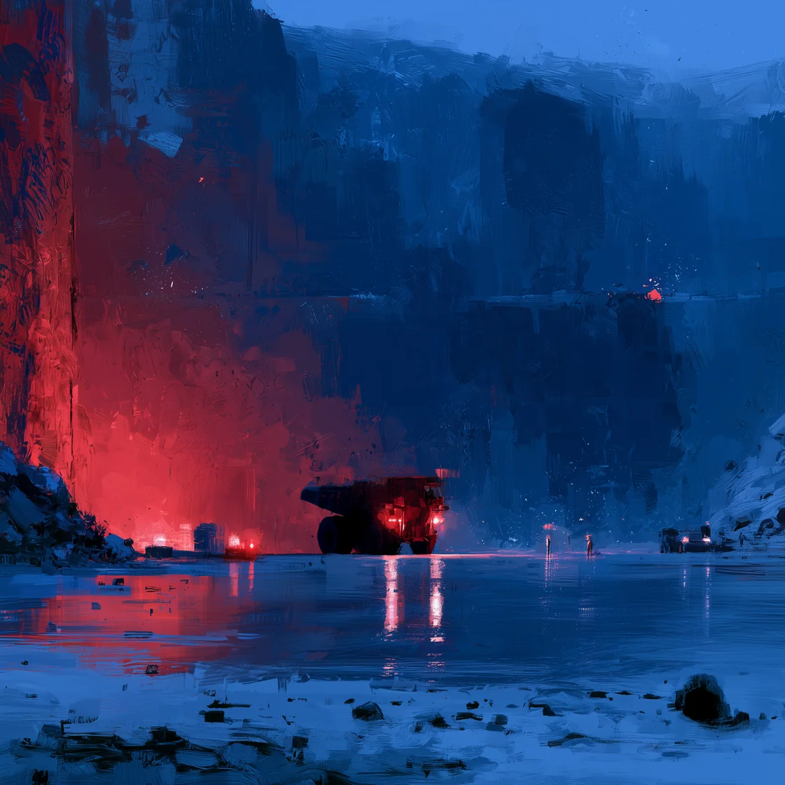 A painting of a mining haul truck in a quarry at night.