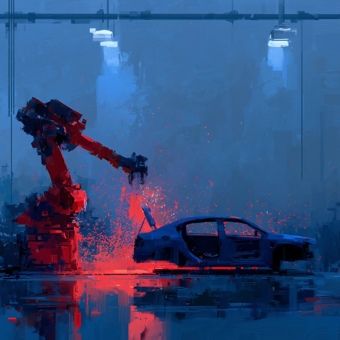 A painting of an industrial robot arm welding a vehicle body on a factory line.